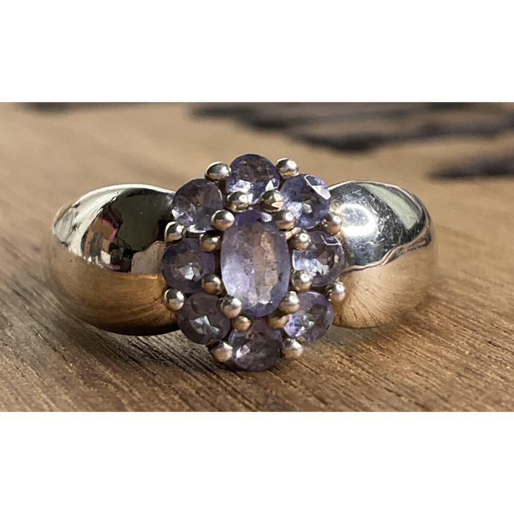Sterling Silver Amethyst Cluster Wide Band Ring Size 7.5 Purple February Stone